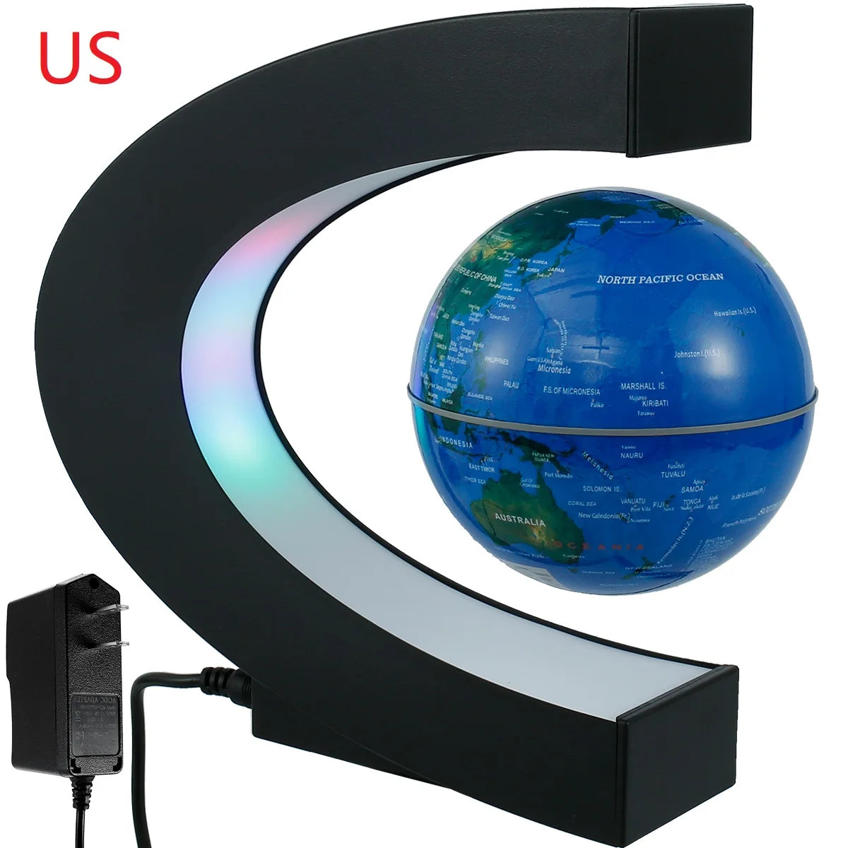 Blue magnetic levitating globe with LED lights, perfect for educational use, home office decor, and teaching geography. Innovative floating globe with a sleek C-shaped base, powered by advanced magnetic technology, ideal for gifts and science enthusiasts.