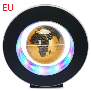 Gold-themed floating globe with LED lighting, highlighting African continent details, featuring 360-degree rotation and a sleek circular frame design, ideal for home decor or geography enthusiasts