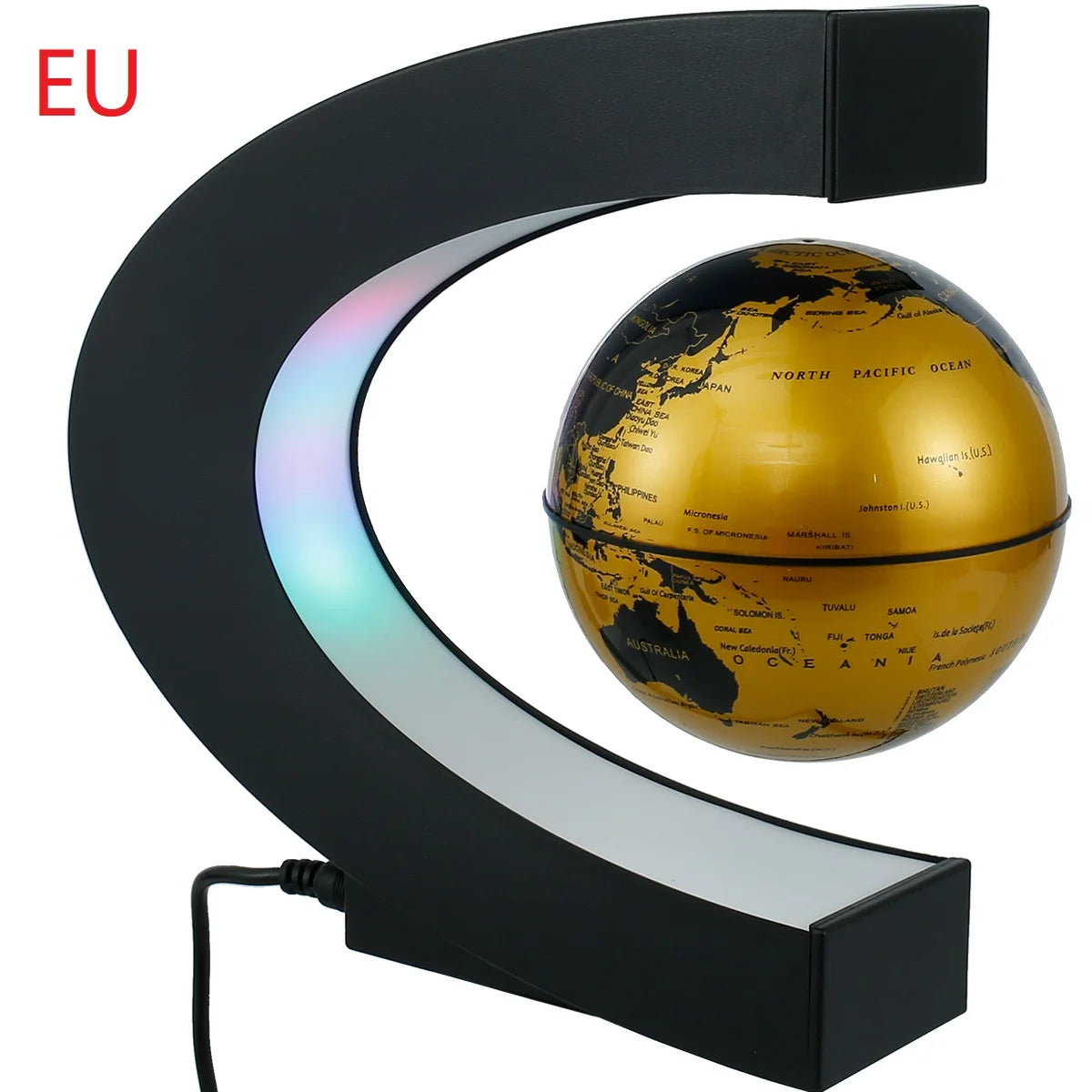 Golden rotating world map with LED lighting, magnetic decorative accessory for office and home, unique geography display for learning and gifting, modern illuminated desk ornament.