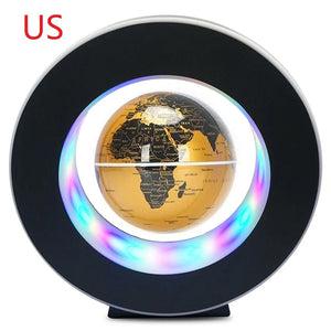 Illuminated gold levitating globe with Africa map, modern LED lighting, magnetic suspension technology, perfect for office decor, educational use, or unique gift ideas