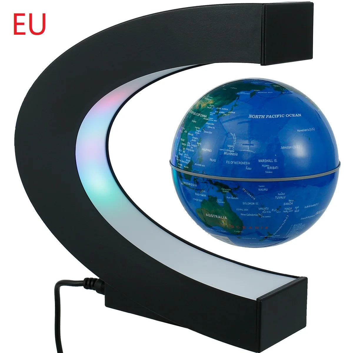 Magnetic levitating blue globe with LED light, futuristic desk decor, illuminated spinning Earth model for classrooms, offices, and STEM education, perfect tech gift idea for geography lovers.