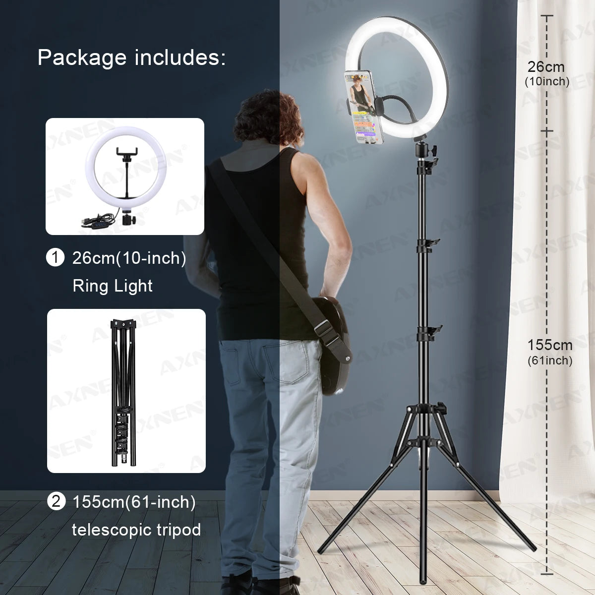 26cm ring light with adjustable 155cm telescopic tripod, perfect for video recording, makeup application, and live streaming. Includes warm, cool, and daylight modes for studio-quality lighting. Ideal for influencers, content creators, and photographers.